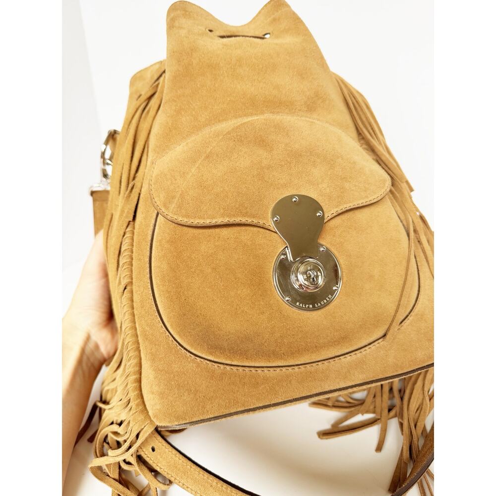 Ralph Lauren Ricky Fringe Bucket Bag Suede Camel Leather Drawstring Crossbody - Picture 14 of 16